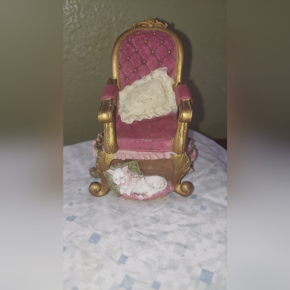Pink and Gold Decorative Mini Chair Figurine Trinket Box with Sewing Motif